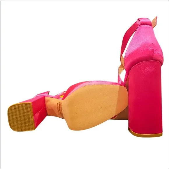 Bright Fuchsia Satin Platform High Heel Ankle Strap Pumps - Picture 4 of 7